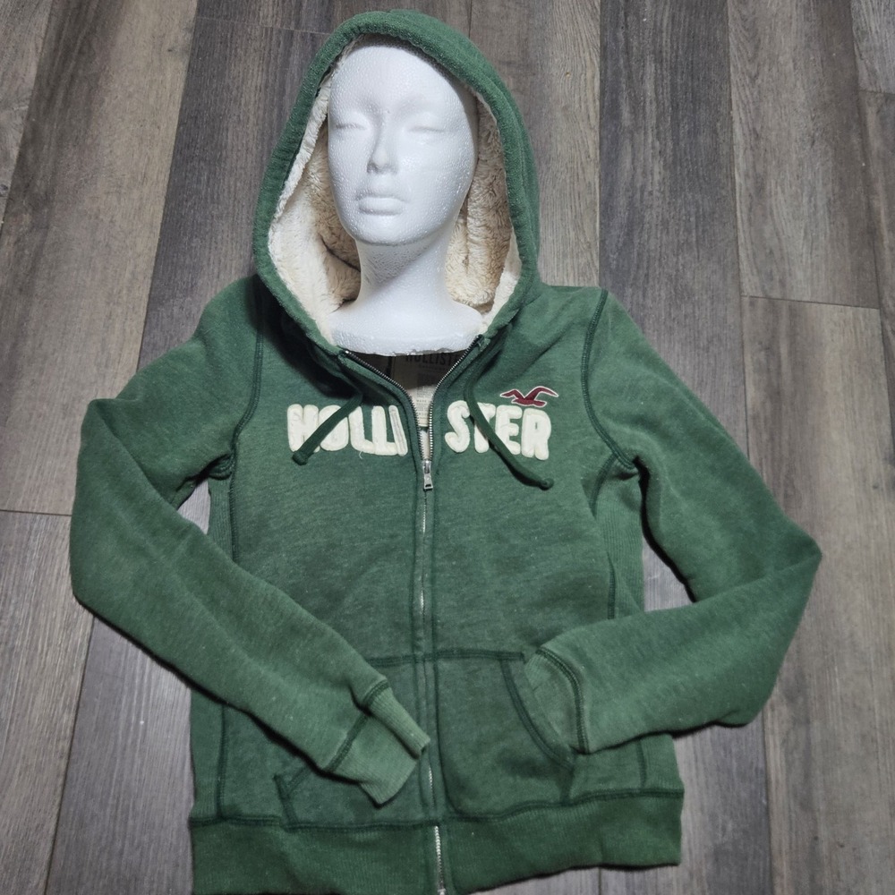 Hollister Y2K Faux Fur Sherpa Lined Medium Vintage‎ Hoodie Double Zip Up Green